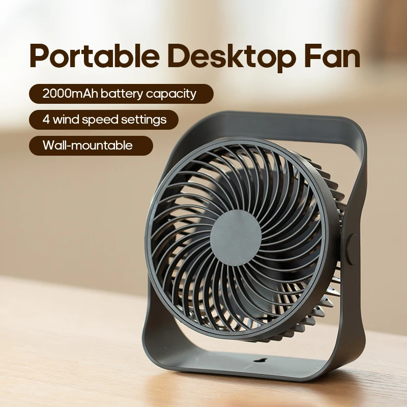 KINSCOTER Tragbarer elektrischer Tischventilator, 2000 mAh, USB-Wand- und Deckenventilator, USB, kabellos, leiser Luftzirkulationsventilator für zu Hause, mit Haken