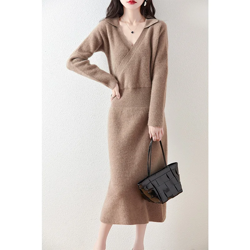 100% Wool Dress Women's Autumn Winter Long Sleeved Slim Fit Solid Color French Fashion Lapel Pullover V-Neck Knitted Top