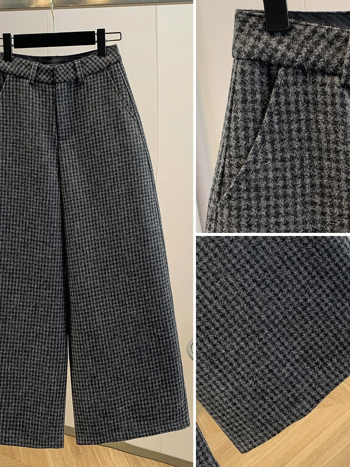 Damskie spodnie plus size w stylu retro z wysokim stanem, prostymi nogawkami, wełniane, ocieplane, zimowe, uniwersalne, wyszczuplające, długość 7/8.