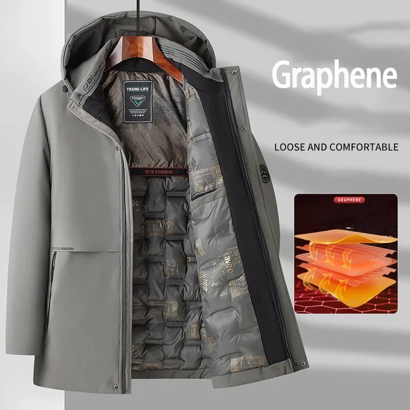 Graphene FabricMens White Jacket Warm Hooded Thick Slim Fit Puffer Jacket Coat Male Casual High Quality Overcoat Thermal Size5xl