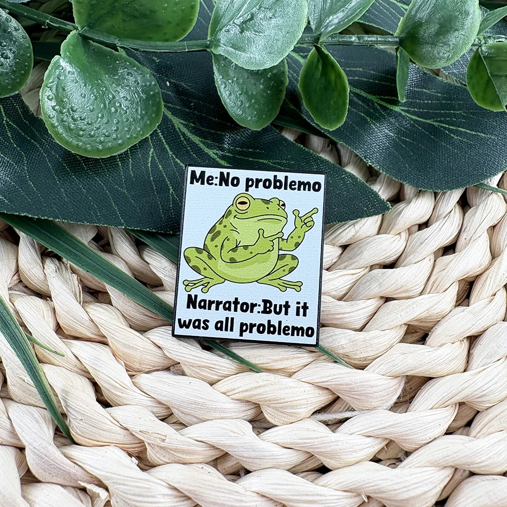 Lustiger Frosch Emaille-Pin „Me: No Problemo“ Erzähler: „Aber es war alles Problemo“ Sarkasmus Gen Z Virales Meme Anstecknadel Accessoire Schmuck – Detail 1