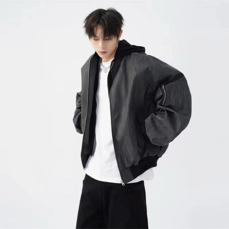 

Ретро-американская бейсбольная куртка для мужчин, весенне-осенняя, свободного кроя, повседневная, из искусственной кожи, с текстурой, на молнии, удлиненная