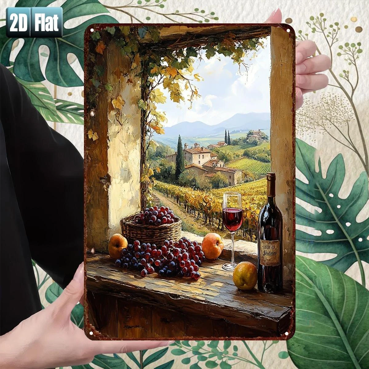 Letrero Metálico Plano 2D, Decoración de Pared con Escena de Ventana Rústica Toscano, Uvas de Vino, para Habitación, Restaurante, Bar, Puerta de Garaje