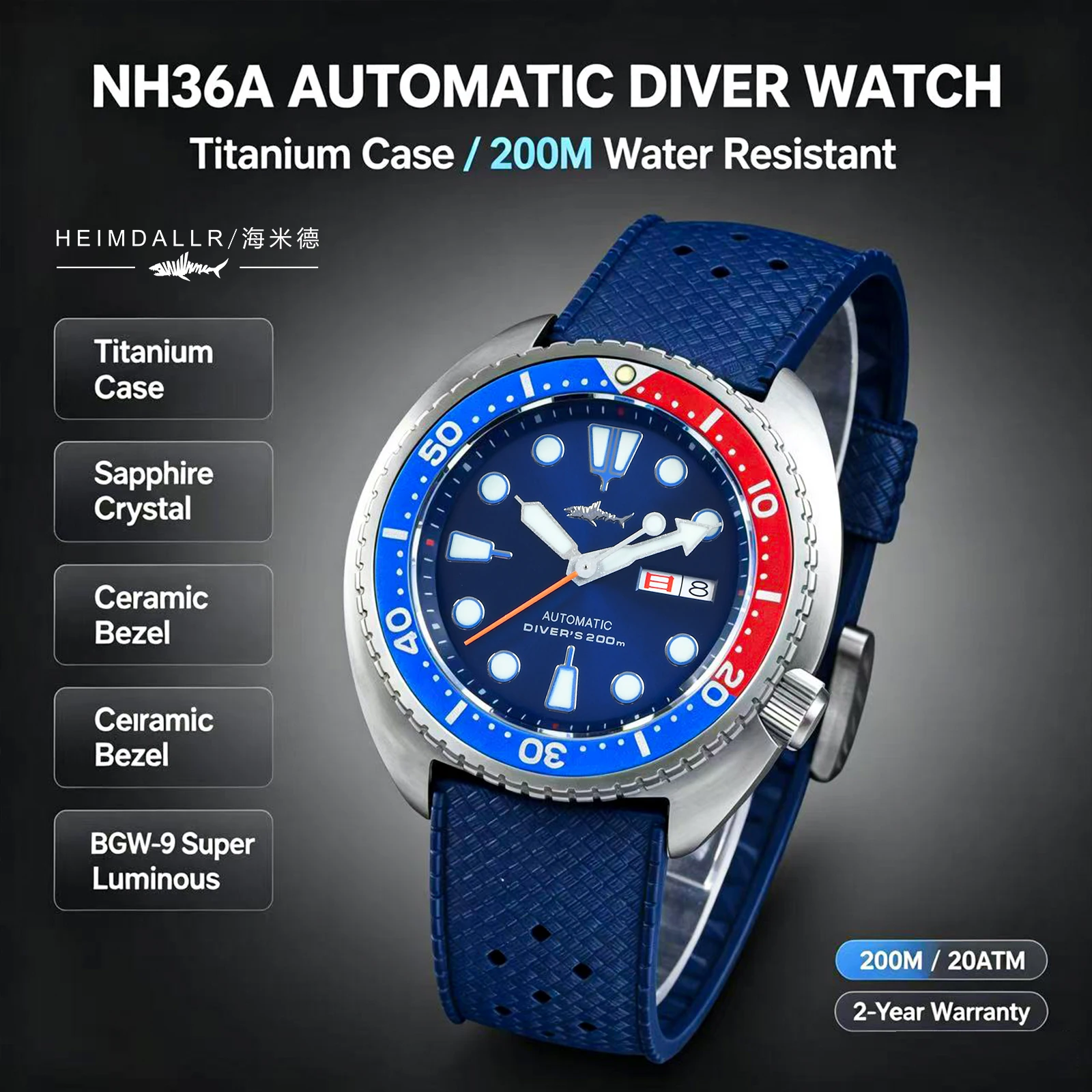 HEIMDALLR Men's Titanium Dive Watches 45mm NH36A Auto 200M Waterproof Sapphire Crystal Ceramic Bezel C3 Super Lume Rubber Diving