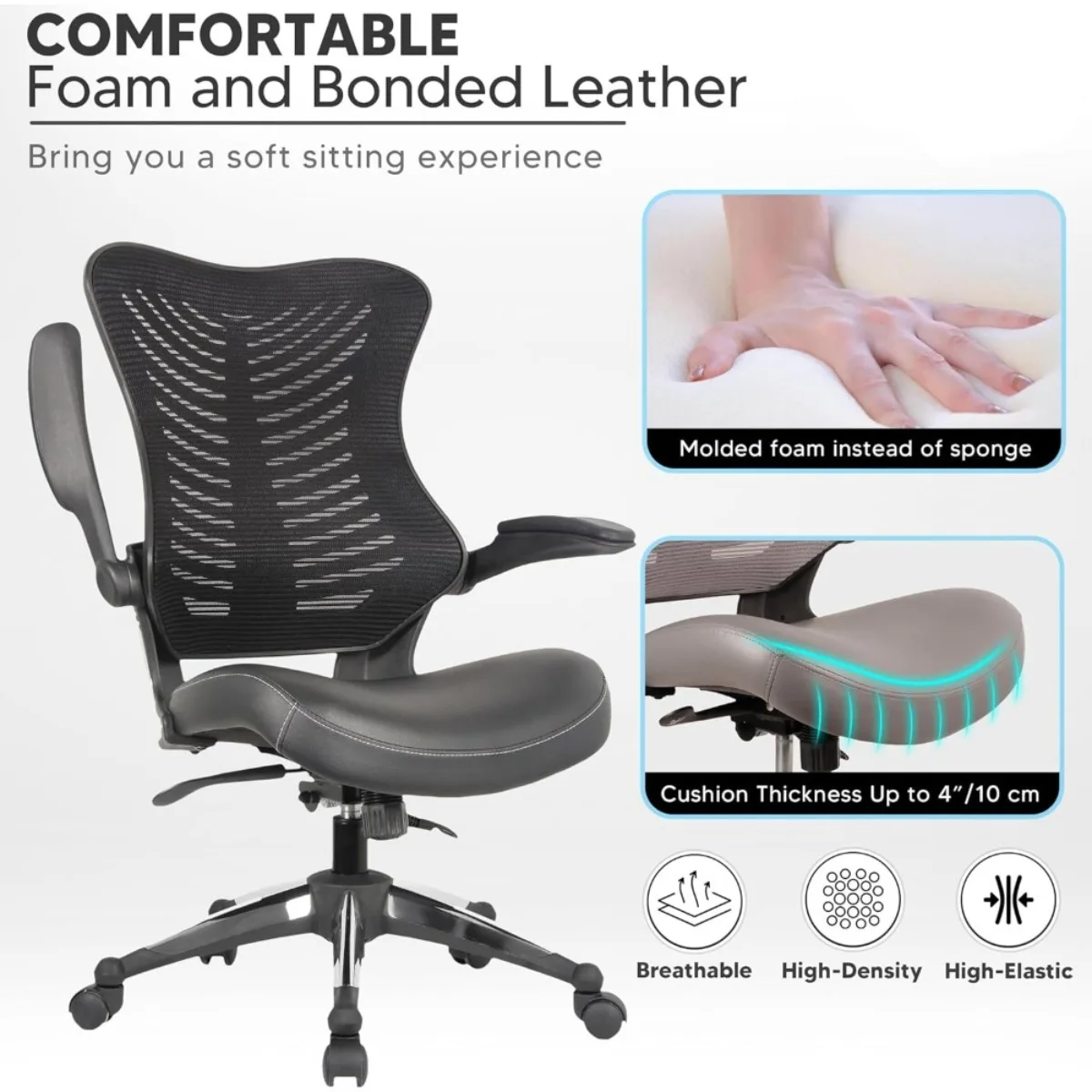 كرسي مريح موفر للمساحة مع أذرع قابلة للطي ودعم قطني، كرسي دوار بارتفاع قابل للتعديل للمكتب الصغير والمكتب المنزلي