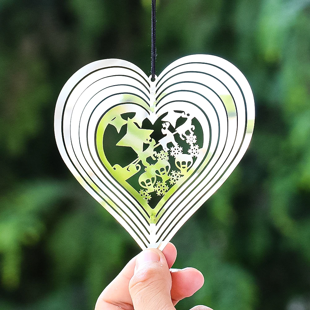 3D Flowing Wind Spinner Heart Xmas Snowflake Elk Mirror Wind Chimes Catcher Pendant Aesthetic Garden Christmas Hanging Decor