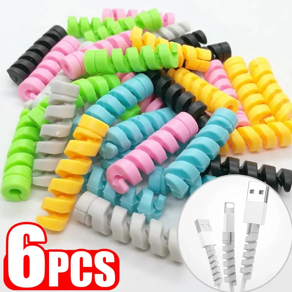 6Pieces Charger Cable Saver Silicone Flexible Cable Wire Protector Spiral Cord Management Organizer for All Cellphone Data Lines