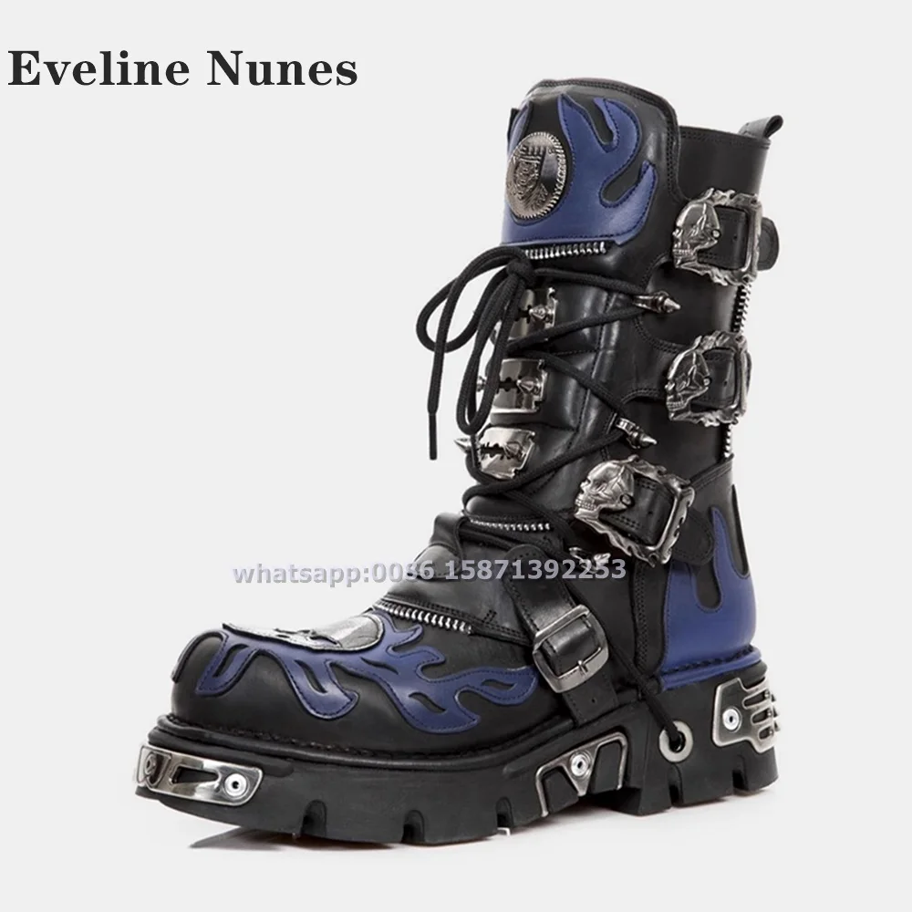 Metal Decoration Cyberpunk Style Motorcycle Boots Round Toe Tank Soled Lace Up Print Mixed Colors Mid-Calf Boots 2024 Retro Punk