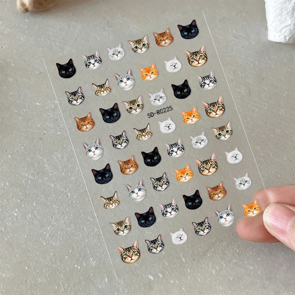 1pcs 5D Embossed Cat Nail Art Stickers Cute Realistic Kitty Head Self Adhesive Nail Decals Colorful Cat Face Animal DIY Manicure