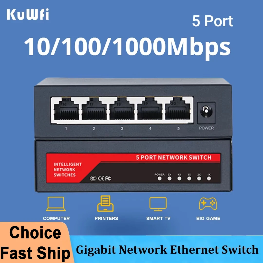 KuWfi 5 Port 10/100/1000Mbps Gigabit Network Ethernet Switch Adapter  Fast RJ45 Ethernet Switcher LAN Switching Hub