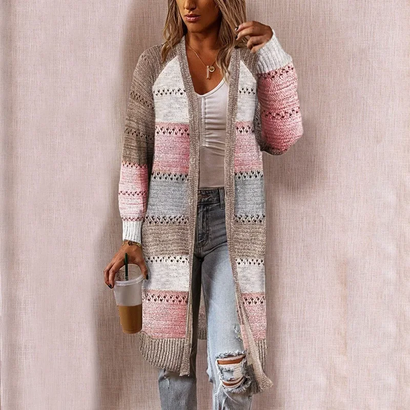 

Women Sweaters Comfy Stylish Stitching Long Sleeve Striped Patchwork Sweater Female Casual Long Cardigan Autumn Winter Tops 2021