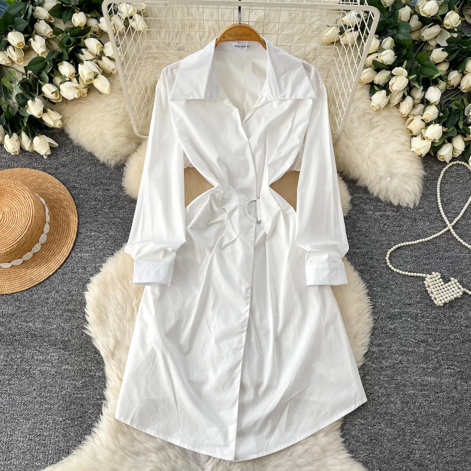 

Women Dresses Solid Dress Turn Down Collar Long Sleeves Coverd Button Ankle Length Cinched Empire Waist Loose Casual 2026 Spring