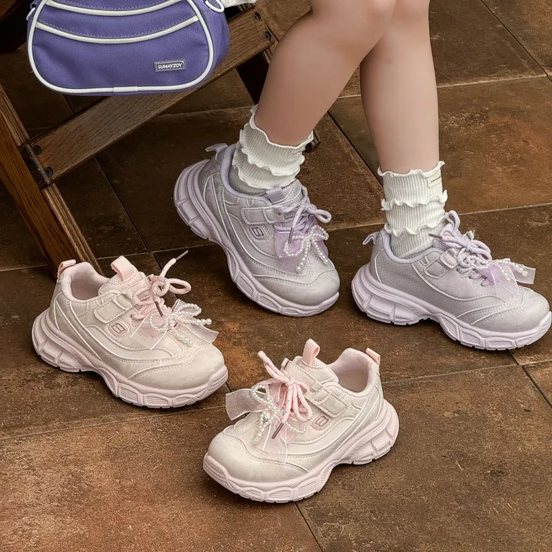 

Детские повседневные кроссовки для девочек с милыми кружевными бантиками, мягкой подошвой, новинка 2026 года, спортивная обувь для принцесс на липучках