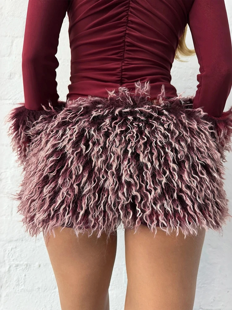 Weird Puss Herbst Neuer Stil 2-teiliges Set Damen Plüsch-Patchwork Tief Ausgeschnittenes Langarm-Crop-Top + Minirock Sexy Modische Outfits – Detail 18