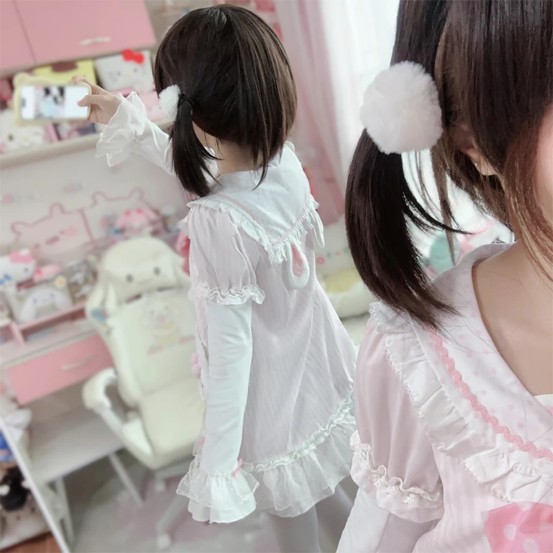 귀여운 토끼 사랑스러운 토끼 라이트 로리타 드레스 탈부착 가능한 소매 오리지널 레이스 소프트 걸 딸 드레스 Y2k 드레스