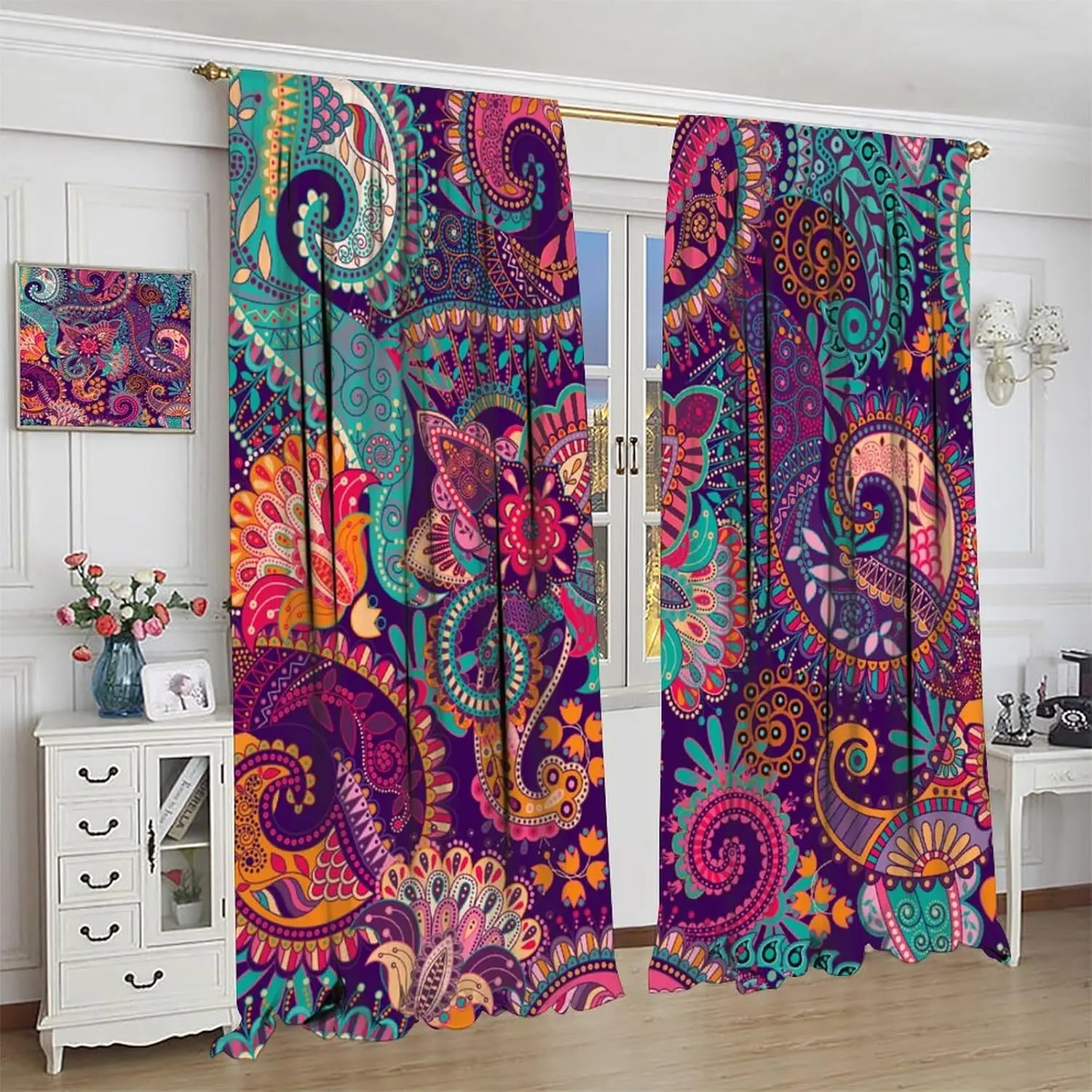 Böhmische Mandala Indische Vorhänge, Lila Blumenmuster Boho Yoga Abstrakte Stammesmuster Bunte Vorhänge Fenster 2-teiliger Taschenvorhang