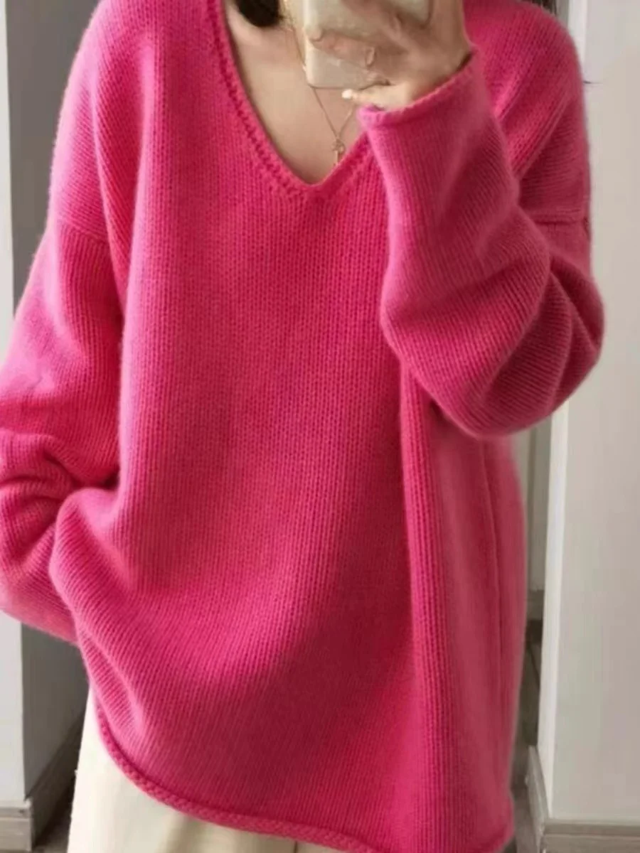 

100% Merino Wool Women's Pullover Mid Length V-neck Loose Fitting Autumn Winter Warm Casual Fashionable Knitted Cashmere Sweater