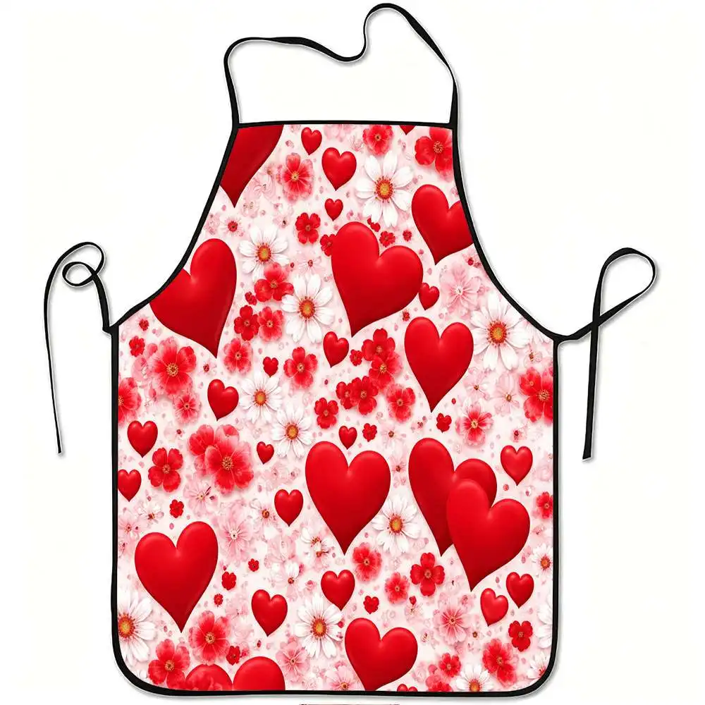 1pc Red Heart and Flower Pattern Print Apron, Durable and Easy to Clean, Adjustable Waistband, Polyester Material, for Kitchen C