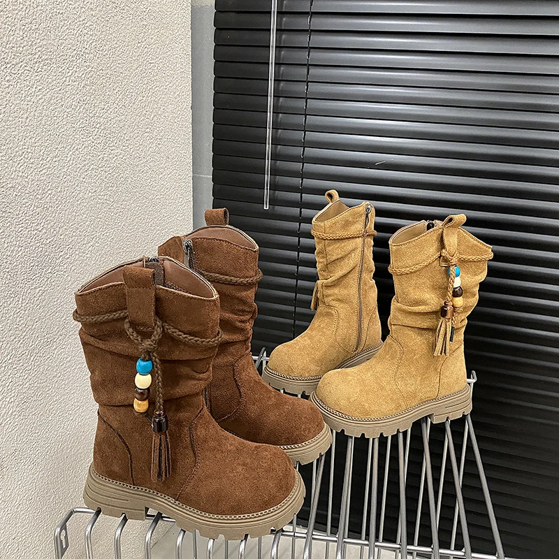 

Кожаные ботинки до середины икры для девочек, детские модные ботинки в стиле ретро, детские ботинки челси с боковой молнией и кисточками, новинка 202, осень-зима