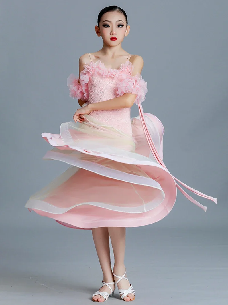 Kinder Mädchen Walzer Tango Ballsaal Tanzkleidung Professionelle Spaghettiträger Chiffon Kleider Große Fischgrätenröcke Moderne Kostüme