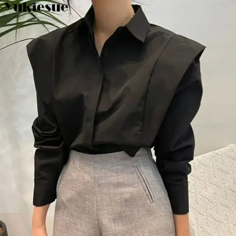 Women's Solid Temperament Korean Spring Vintage Simple Polo Snap Closure Panel Ruffles Relaxed Long Sleeve Leisure Shirt Top