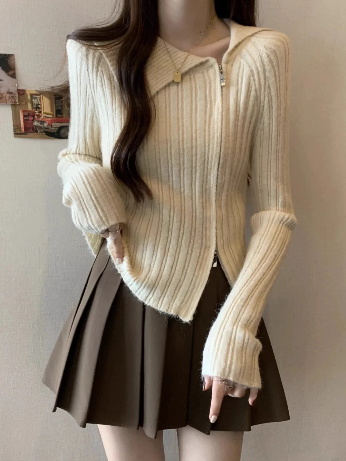 

Cardigans Graphic Sweaters Womens Fall Lace Fur-Collar Punk Deep Fine Print Fitted Polychrome Bohemian Embroidered Youth Lace-Up