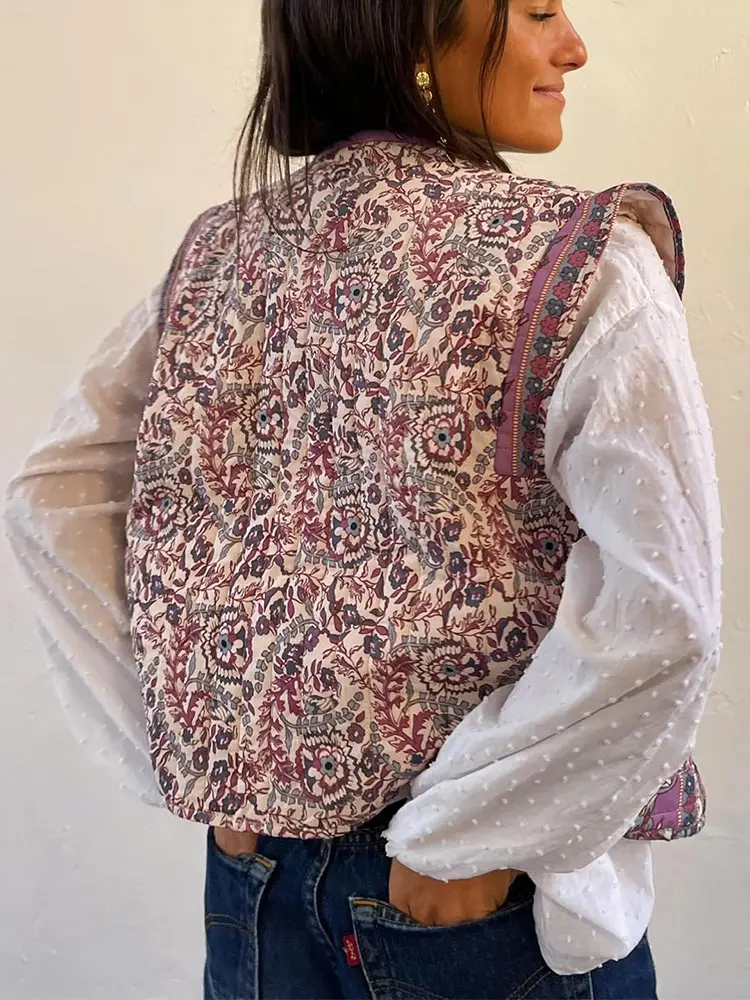 2024 New Vintage Floral Print Quilted Cotton Vest Women Elegant Round Collar Sleeveless Jackets Lady Chic Loose High Streetwear