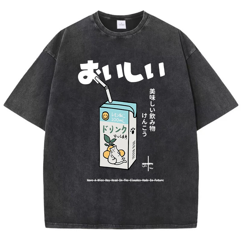 Casual Women Cotton Washed T-Shirt Cartoon Drink Pattern Printing Short Sleeve Loose O-Neck Tee Shirt Vintage Female Clothes