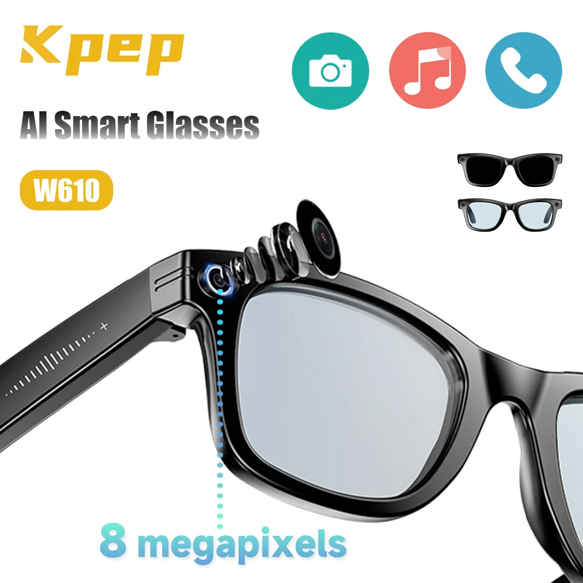 

KPEP 8-мегапиксельные умные очки с камерой, Bluetooth-наушники, управление музыкой, голосовой помощник, перевод искусственного интеллекта для мужчин и женщин