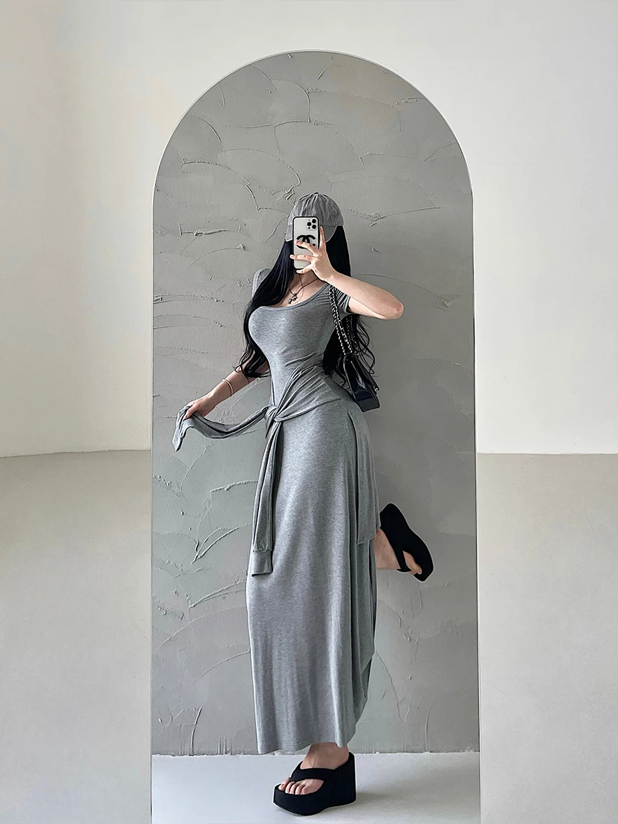 Pure Desire Sexy U Neck Fake Two Piece Strap Up Waist Short Sleeve Dress Elegant Long Dress Sweet Fashion Sexy Women CL30
