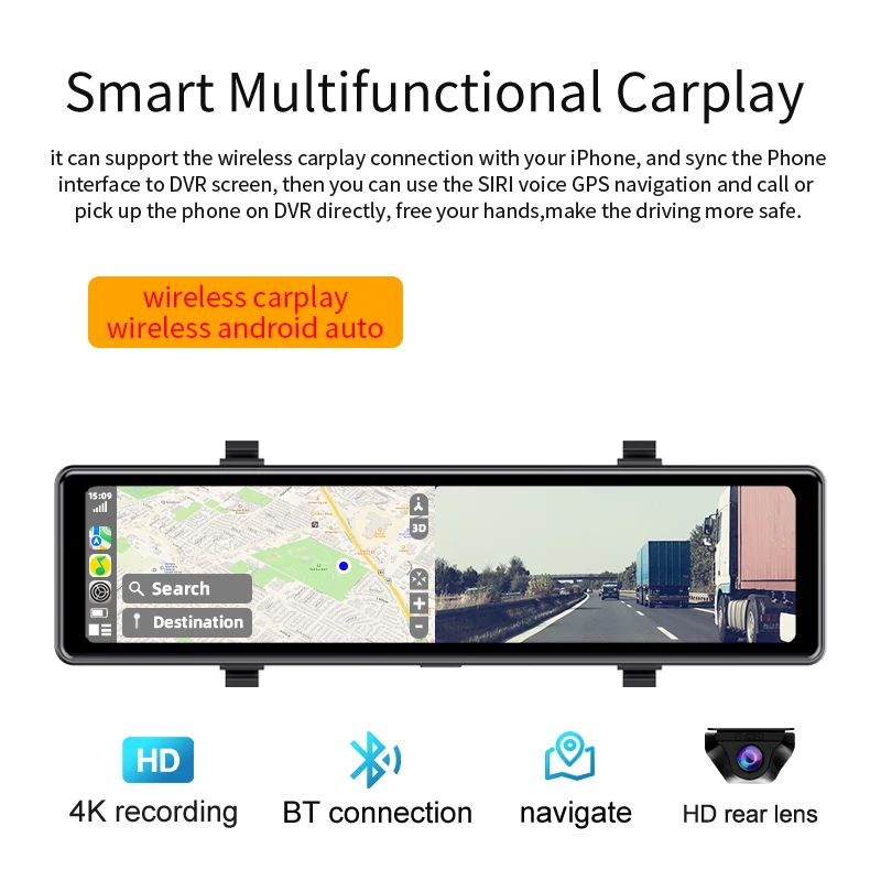 Acceo 4K Dashcam Rearview Mirror Car DVR with Android Auto Wireless Carplay Built-in WiFi Support 1080P Rearview Camera Recorder - view 4