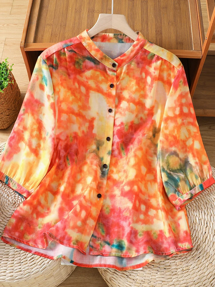 

Summer New Loose Women's Shirt Design Sense Dyed Print Seven-Quarter Sleeve Top Vintage Style Breathable Casual Fashionable