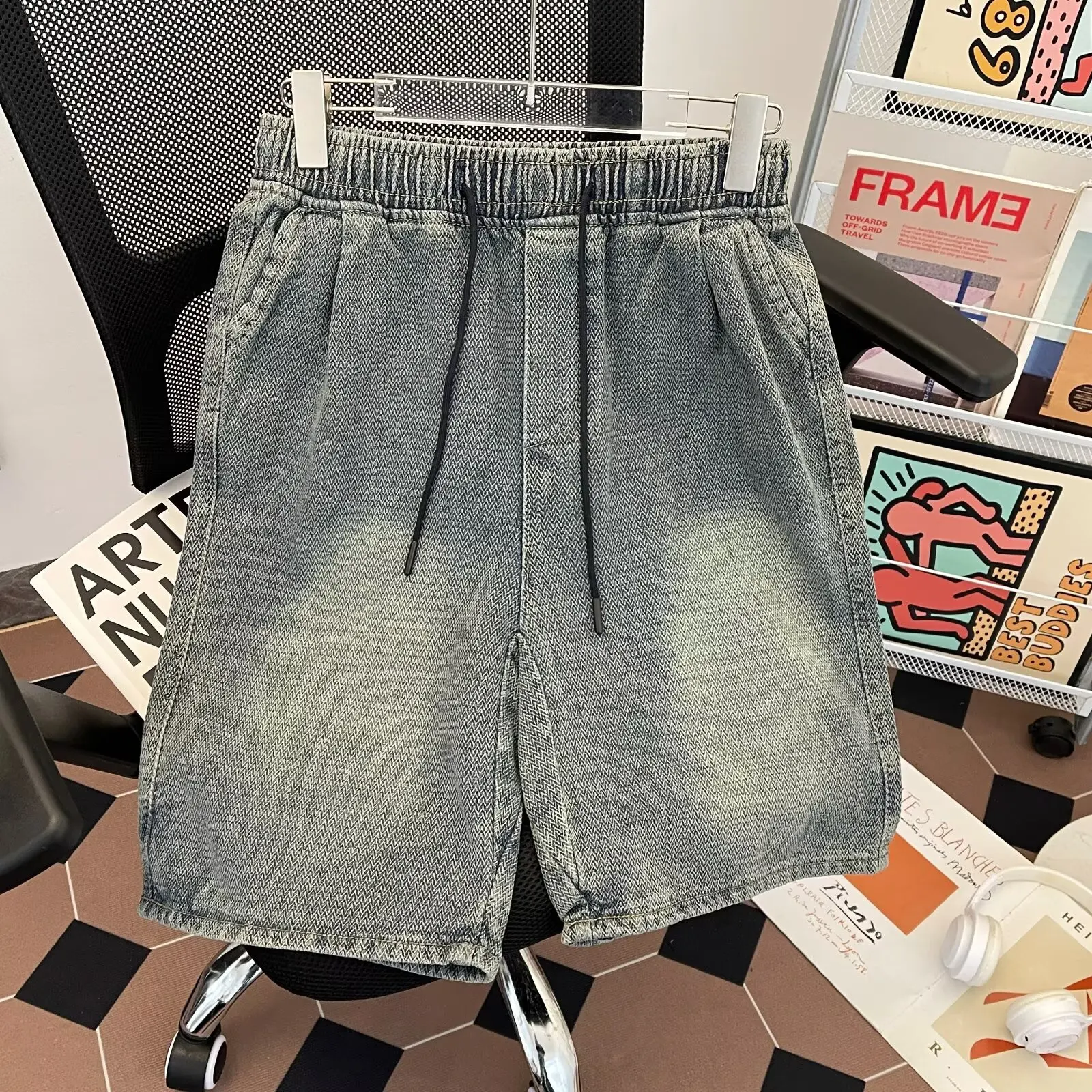 

Trendy Starry Pattern American Retro Denim orts Men Summer Thin Loose Straight Leg Dstring Five-Quarter Pants