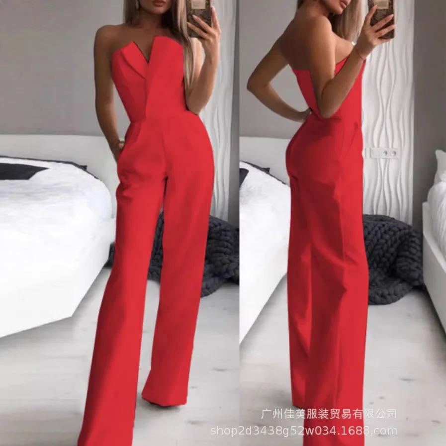 Women's Elegant Bandeau Jumpsuit 2026 Summer Solid Off Shoulder V-neck High Waist Temperament Sleeveless Pocket Design Jumpsuit