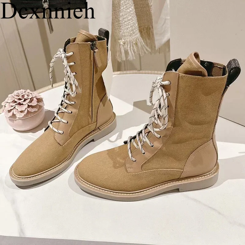 

Flat Thick Sole Riding Boots Women Kid Suede Cross Tied Patchwork Ankle Botas Autumn Winter Vacation Shoes Ladies Short Boots