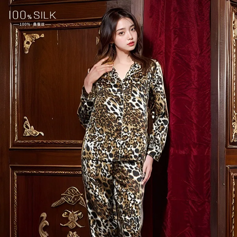 

Women's Autumn Winter Leopard Print Loungewear Set 100% Mulberry Silk Long Sleeved Long Pajamas Trousers Indoor Outdoor XXL Size