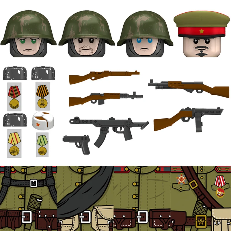 

MOC WW2 Military Soviet Soldiers Figures Red Army PPS Infantry Weapons Helmets Guns Cavalry White Lily Coat Bricks Toy Boys Gift