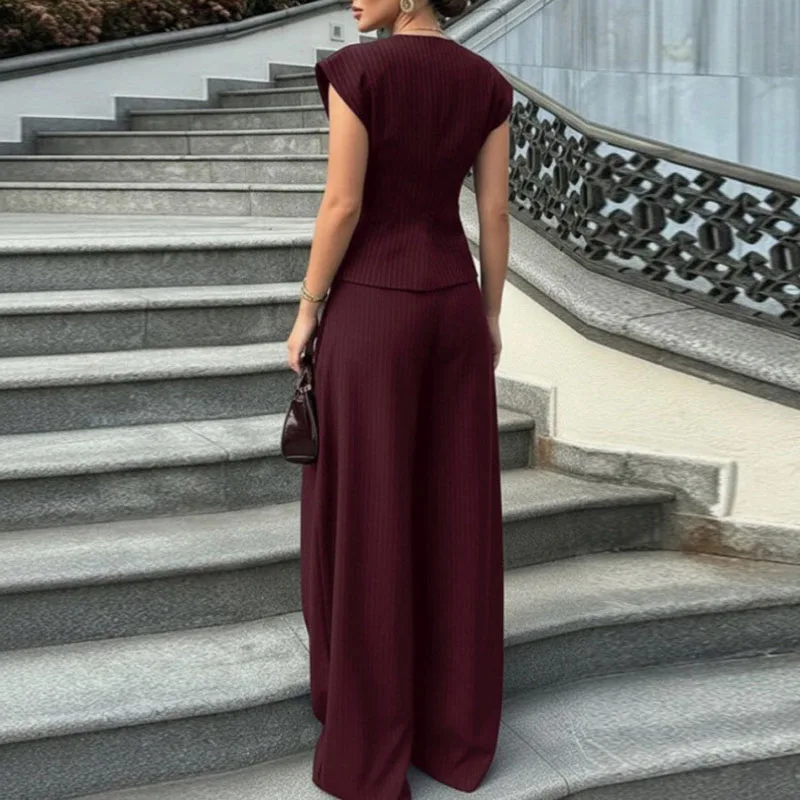 Vintage Streetwear Matching Two Piece Set Ladies Sleeveless V Neck Wide Leg Trousers Outfits Commute Vertical Stripe Button Suit