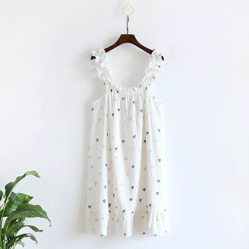 Soft Seersucker Nightdress Suspender Women\'s Cotton Nightgown Summer Cool Home Wear Dress Outside Wear Cute Sleepwear Nightwear