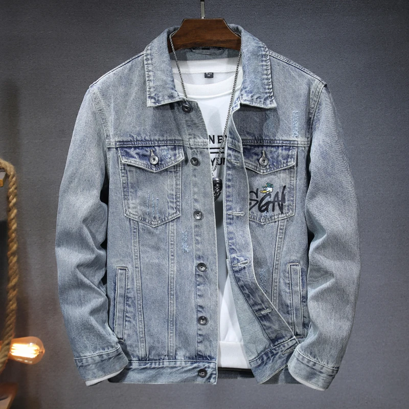 2024 new autumn denim jacket men's fashion trend cartoon print Street slim fit loose coat casual lapel denim outer garment