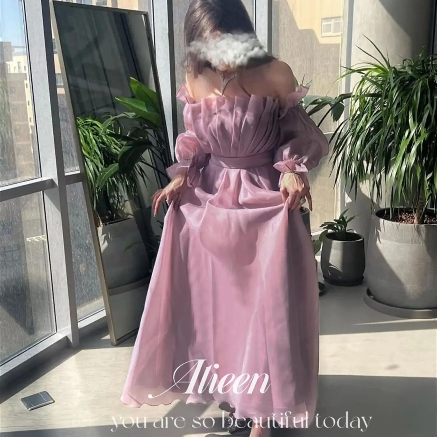 

Aileen Folds Pink A-line Luxurious Women's Evening Dresses With Long Sleeves High Quality Luxury Dress for Weddings Ball Gowns