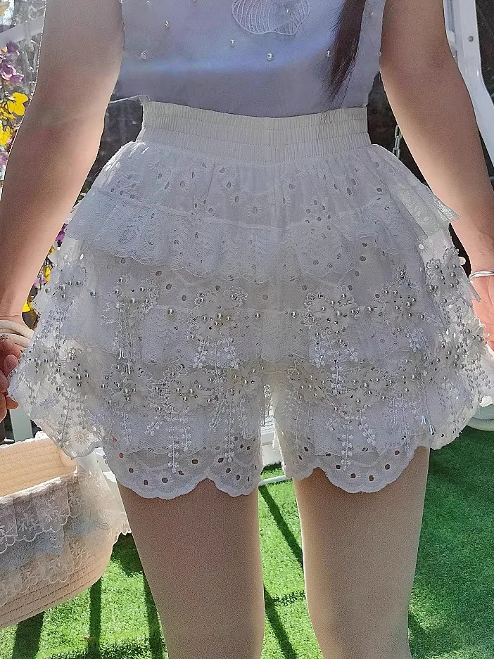 2025 Summer New Fairy Exquisite Light Luxury Short Pants Trendy Lace Wood Ear Edge Shorts Rhinestone Lotus Leaf Cake Short Pants