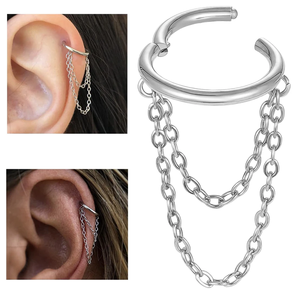 16G Stainless Steel Cartilage Earrings Hoop 8mm Helix Piercing Jewelry with Double Chains Hypoallergenic Hinged Clicker