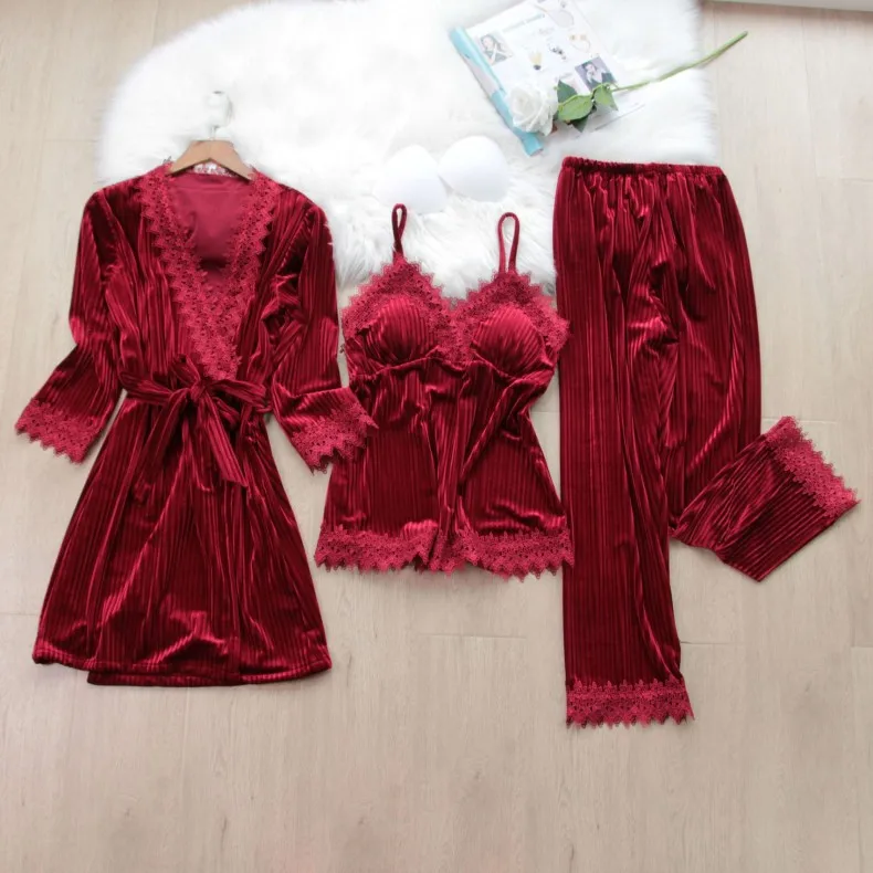 Autumn Winter Women 3PCS Pajamas Set Velvet Lace Trim Sleepwear Kimono Bathrobe Gown Sexy Pijamas Suit Loose Homewear Loungewear