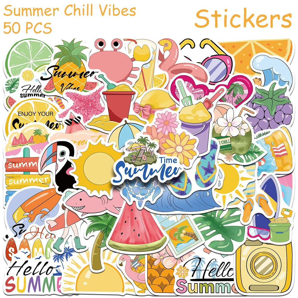 50pcs Cartoon Summer Chill Vibes Stickers Decals For Laptop Scrapbook Luggage Helmet Surfboard DIY Graffiti Waterproof Stickers