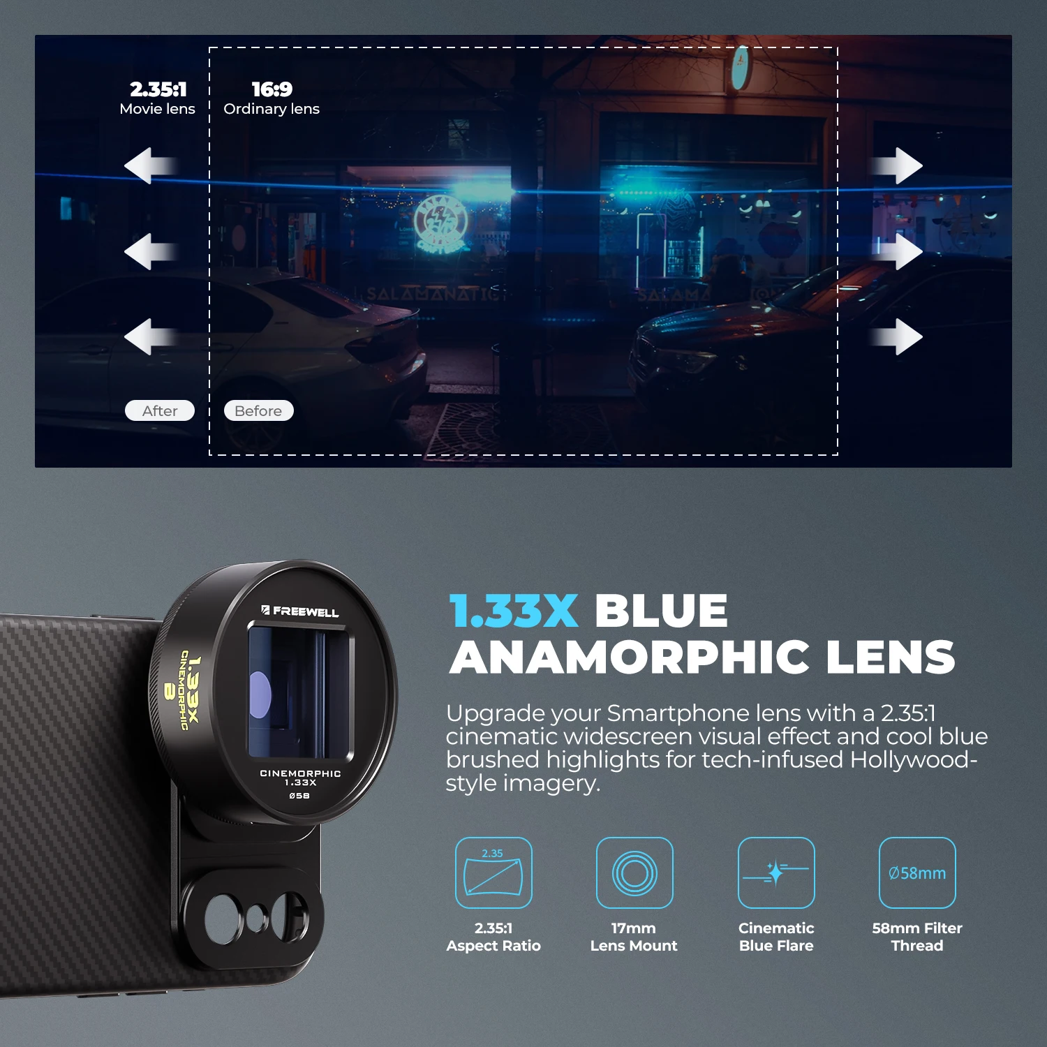 Freewell 1.33x Blue/Gold Anamorphic Lens Compatible 17mm Mount Phone Case Accessories Enhance Your Phone Cinematography Effect