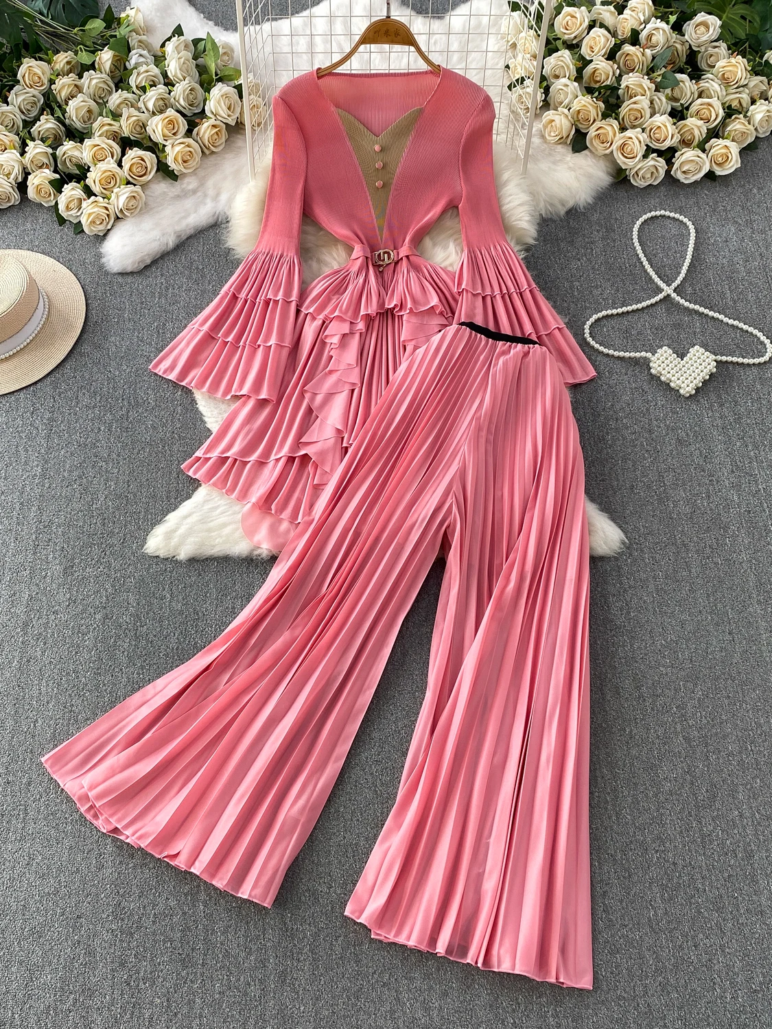 

Elegant Long Midi Dress Set with Bell Sleeves And Lace Hemline Ladylike Style High Waist Design Versatile for Various Occasions