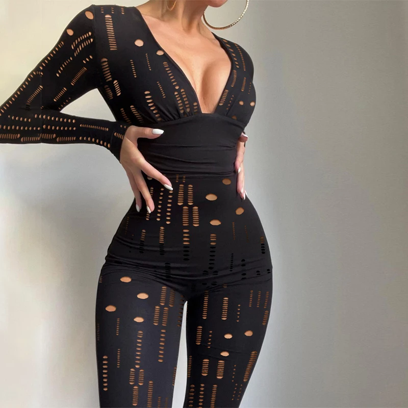 

Bla Sexy High-Waist Jumpsuit Women's Thin Long Pants Faionable Commute Sle Hollow out Design Summer Collection