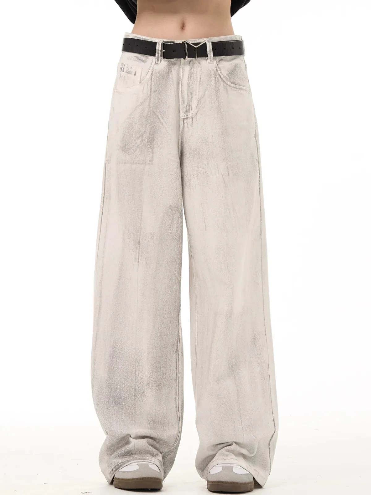 

Women's Neutral Style Straight Dirty White Jeans American Vintage High Waisted Wide Leg Pants Female Straight Denim Trousers