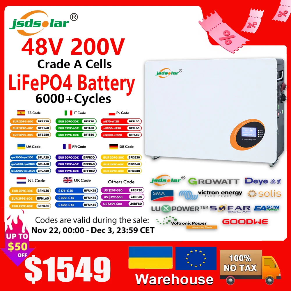 jsdsolar 48V 200Ah LiFePO4 Battery 51.2V 10KWh Power Wall 200A BMS 6000+ Cycles Parallel CAN BUS RS485 Solar Energy Storage Powe